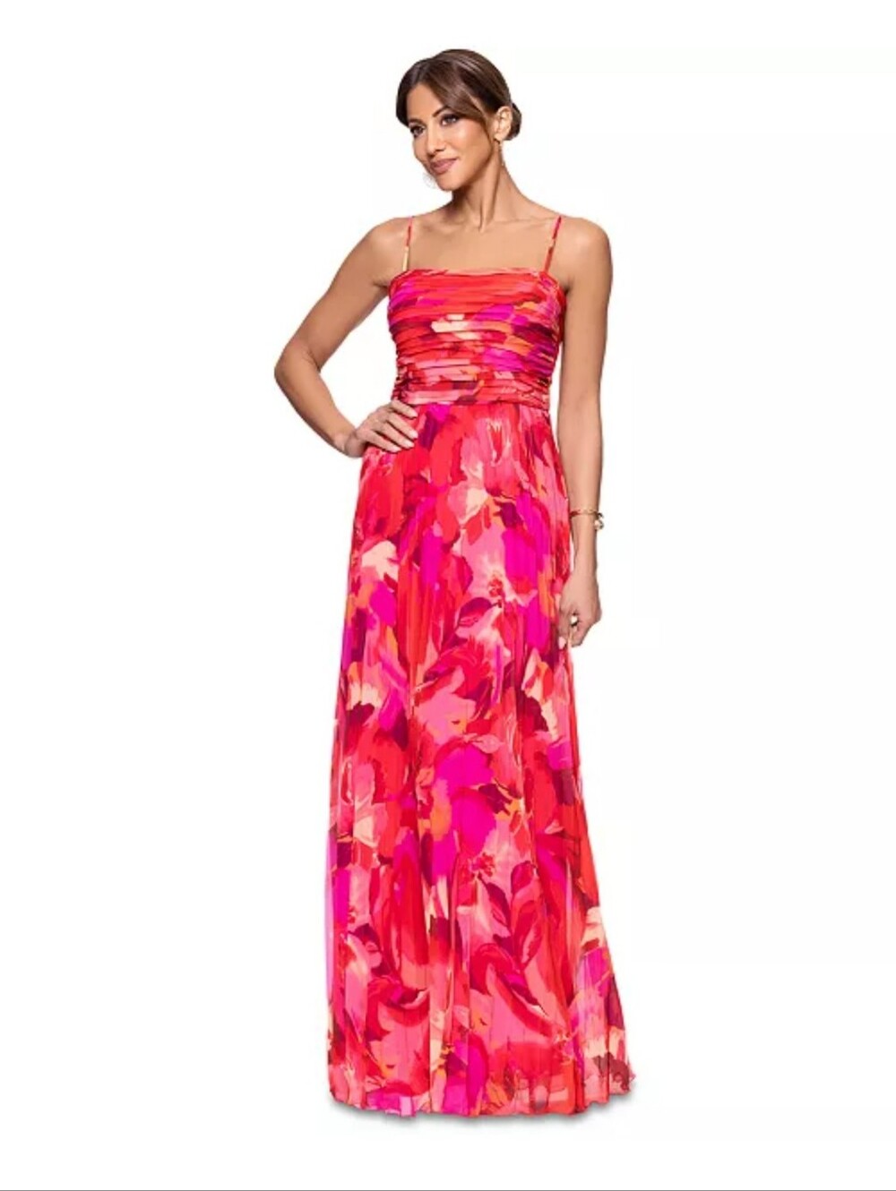 X by Xscape NWT 10P Pink Floral Pleated Maxi Dress Ruched Bodice $179 Party